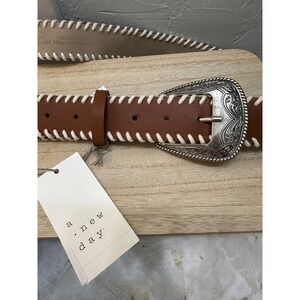 A New Day Western Stitch Brown Faux Leather Belt with Ornate Buckle